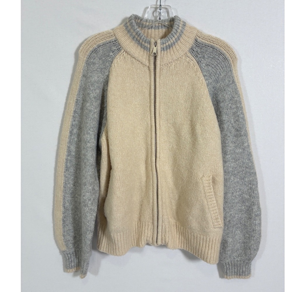 Sanctuary Womens Full Zip Colorblock Raglan Sweater Cream Gray Mock Neck M